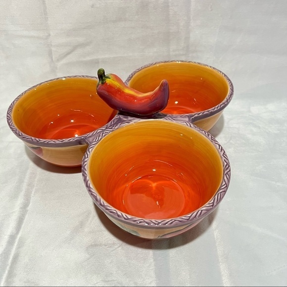 CLAY Art Jalapeno Fiesta Chill Pepper 3 Condiment Holder Caddy Serving Bowl - Picture 1 of 7